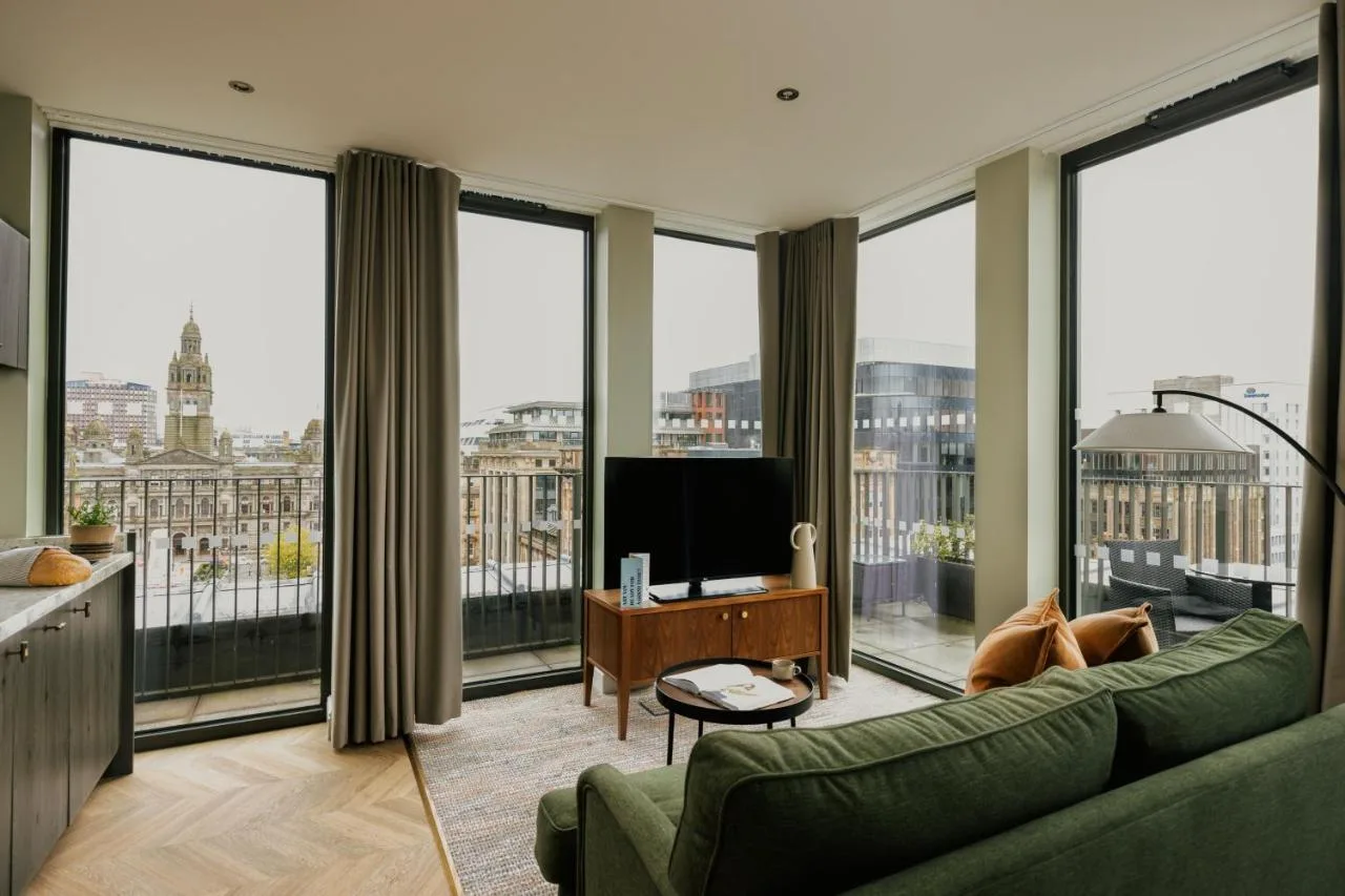 Penthouse living room with city view